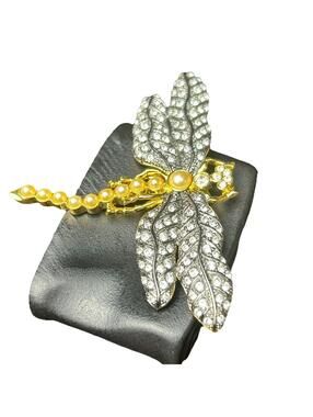 Vintage KJL Kenneth Jay Lane Pearl Rhinestone Large Dragonfly Brooch Pin 1980s